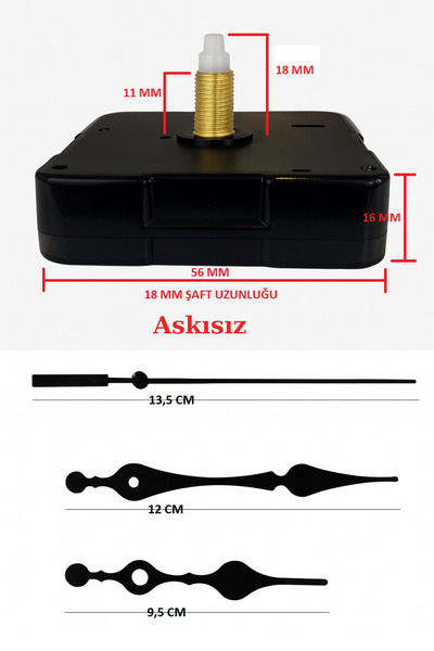 EXİZ TİCARET Askısız 18 mm Akar Sessiz Duvar Saati Mekanizması -akrep-yelkova...