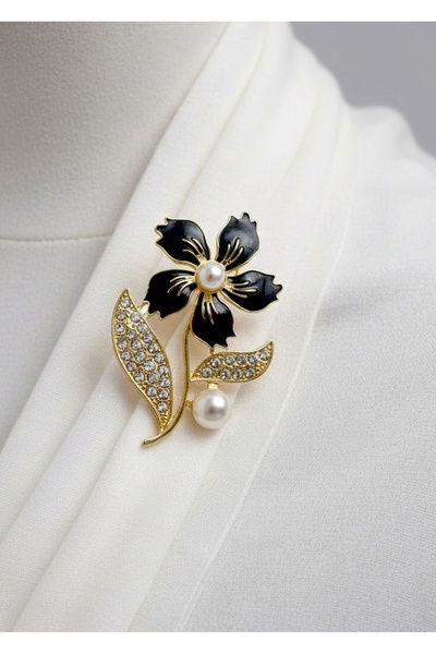 MODAMİRA AKSESUAR Taş Detaylı | Çiçek Broş | Boy:5cm-En:3cm | Renk Siyah