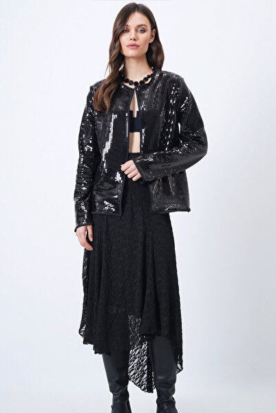 Trend Alaçatı Stili Women's Black Sequined Open Form Jacket Vs01653
