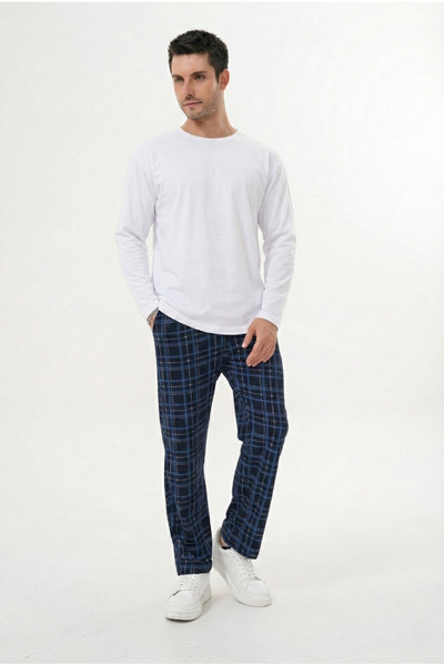 Pijamasoft Men's White-Dark Blue Plaid Printed Cotton Knitted Long Sleeve Pajama Set with Pockets