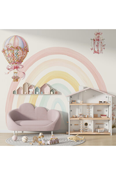 Tasarım Suluboya Efektli Büyük Gökkuşağı Pastel Tonlar Uçan Balon Tavşan Bebek & Çocuk Odası Duvar Kağıdı