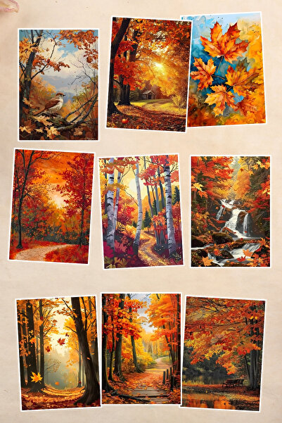 qoeuyl boutique Carte poștală din 9 piese cu vedere la pădure de toamnă