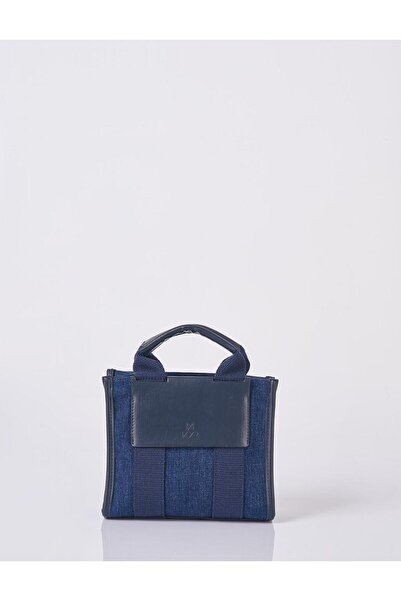Kayra Denim Bag with Leather Detail and Strap Navy Blue