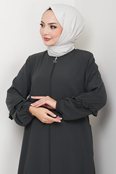 hafsamina Handle Volanlı Ferace Füme Hm2862