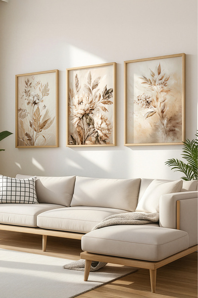 Ryta Bej Çiçekli 3’lü Çerçeveli Tablo seti
