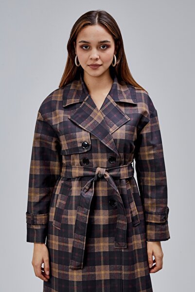Bolivente Elora Navy Blue Plaid Detailed Premium Oversized Trench Coat 46650