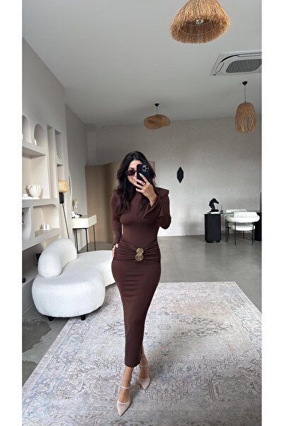 Buket Teke Rochie tricotată subțire cu detaliu în talie maro