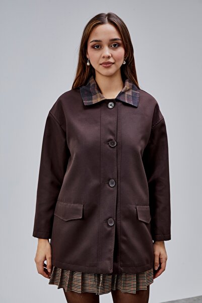 Bolivente Mia Bitter Brown Plaid Collar Pocketed Oversized Trench Coat
