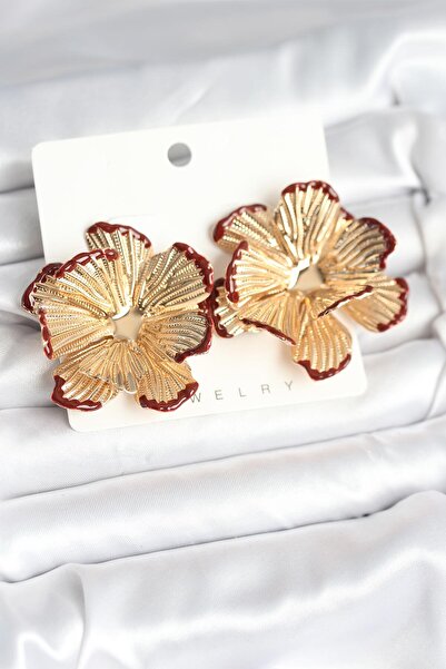 Skygo Brass Gold Color Burgundy Color Detailed Lotus Women's Earrings - Tj-Bk...