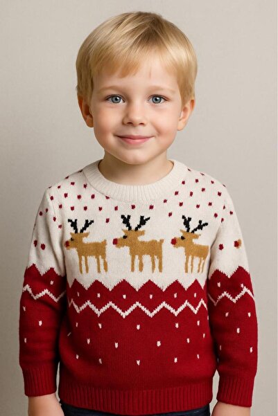 RAPAPA Children's Deer Patterned Knit Sweater – Red (2-3-4-5 Years) 24002