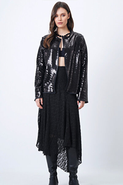 Trend Alaçatı Stili Women's Black Sequined Open Form Jacket Vs01653