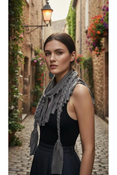 Gönülden Tasarım Dark Gray Knitted Patterned Combed Cotton Women's Scarf 150X24 cm