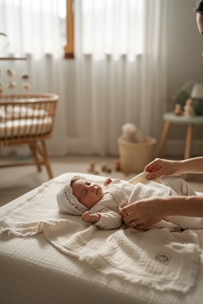 THELAKIDS Güpür detaylı dört kat Müslin Kimono set+ bonet Şapka +4 kat müslin...