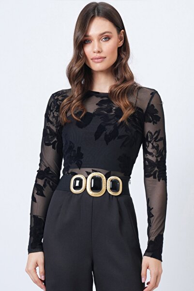 Trend Alaçatı Stili Women's Black Floral Patterned Transparent Tulle Blouse Vs01691