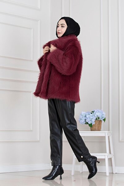 Sevitli Guler șal cu velcro din blană artificială-burgundy