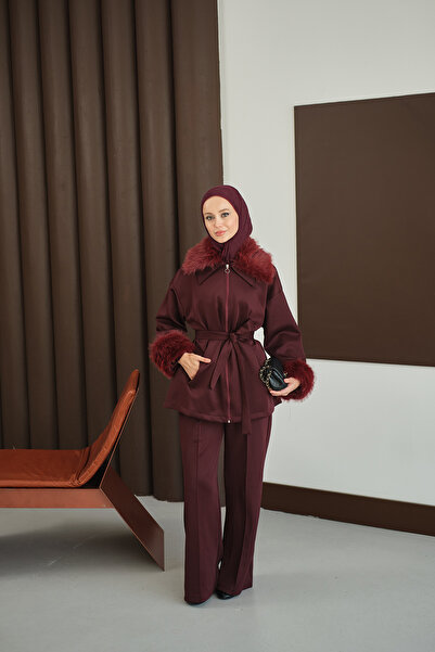 LOCCO Women's Suit with Fur Detail on Sleeves and Collar, Burgundy