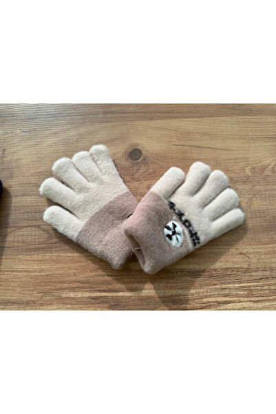Blotch Double Layered Acrylic Fiber Children's Brown Cream Wool Gloves with Towels Inside for Ages 4-7