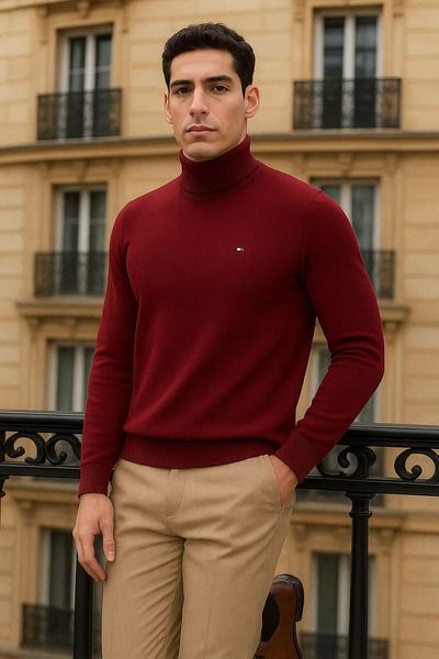 comstar Men's Trend Winter Half-High Collar Burgundy Knitwear Sweater