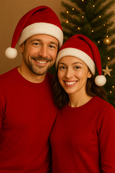 MadyaButik Special 2-Piece Velvet Christmas Hat for Couples – Adult Santa Set