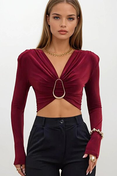 Trend Alaçatı Stili Women's Burgundy Draped V-Neck Accessory Detailed Crop Blouse Vs01661