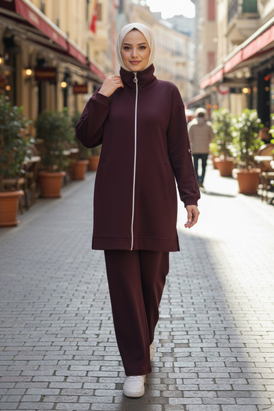 Lale Butik Tunic Trousers Suit with Stripe Belt Detail on the Sleeves 2119 Burgundy