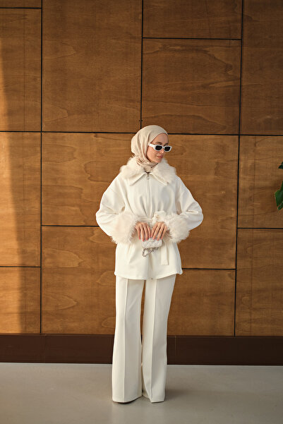 LOCCO Women's Suit with Fur Detail on Sleeves and Collar, White