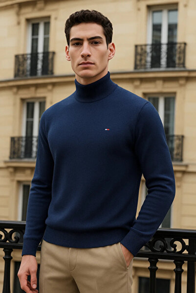 comstar Men's Trend Winter Half-High Collar Navy Blue Knit Sweater