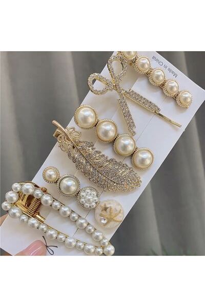 Virago Yeni Trend Moda İncili 6'lı Büyük Klips Çıtçıt Pens Toka Seti-3