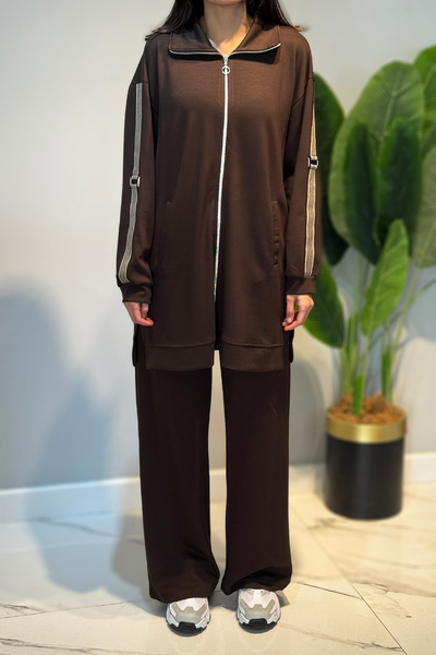 Lale Butik Striped Belt Detail Tunic Trousers Set 2119 Brown