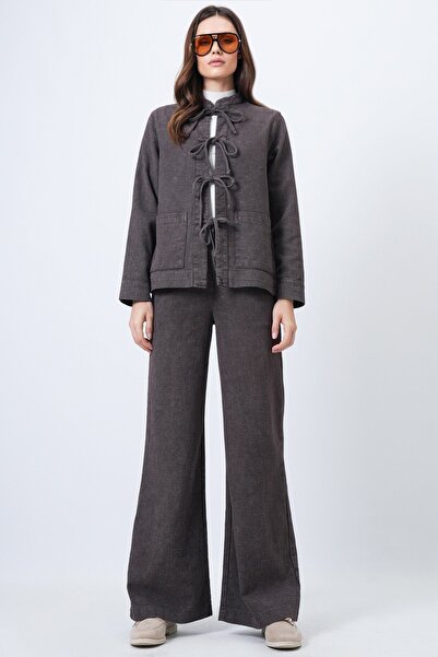 Trend Alaçatı Stili Women's brown washed tie-detail jacket and wide-leg pant set vs01688