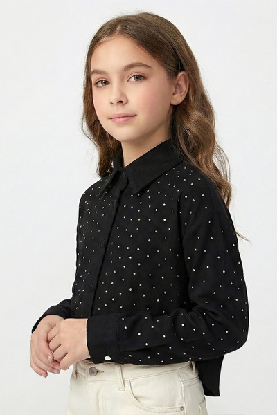 DMB BOYS & GIRLS kız çocuk taş baskılı uzun crop gömlek