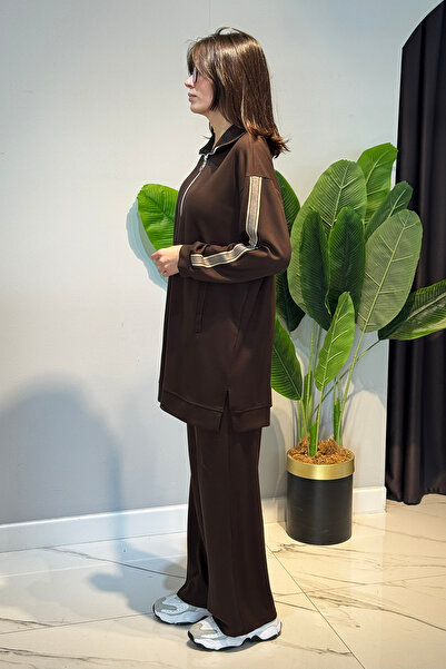 Lale Butik Striped Belt Detail Tunic Trousers Set 2119 Brown