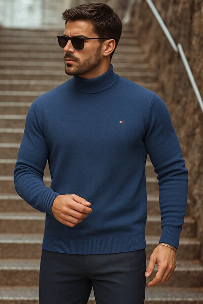 comstar Men's Half-Throated Premium Navy Blue Knit Sweater