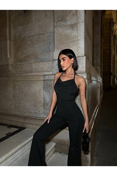 Paraf style Shiny Stone Embroidered Black Jumpsuit