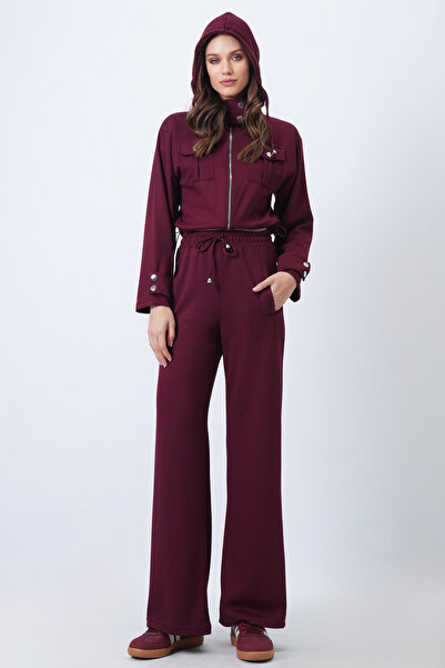 Trend Alaçatı Stili Women's Burgundy Hooded Double Pocket Jacket and Elastic Waist Trousers Set Vs01710
