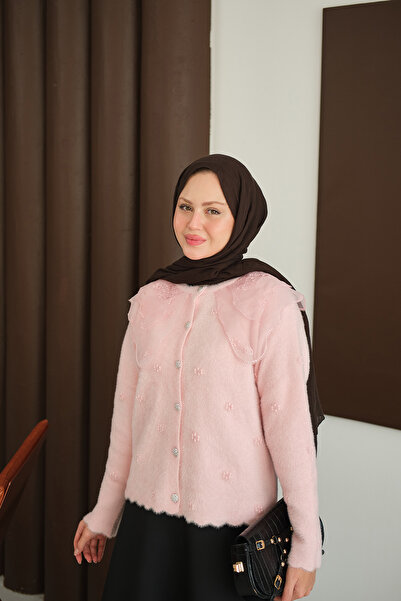 LOCCO Γυναικεία ζακέτα με δαντέλα με φούντα ροζ