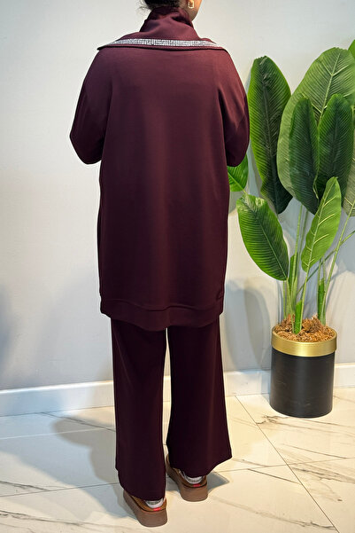 Lale Butik Sequin Detail Front Zipper Tunic Trousers Set 2120 Claret Red