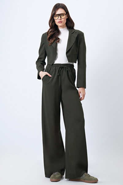 Trend Alaçatı Stili Women's Khaki Fleto Pocketed Crop Jacket and Elastic Waist Palazzo Pants Set Vs01689