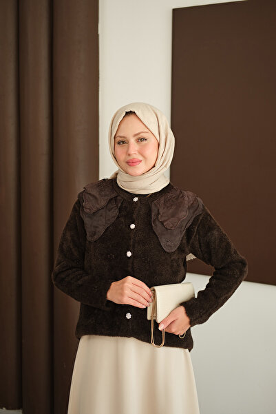 LOCCO Women's Lace Collar Tassel Cardigan Brown