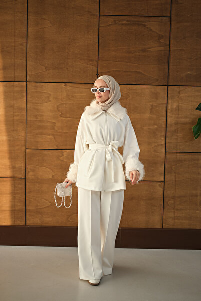 LOCCO Women's Suit with Fur Detail on Sleeves and Collar, White