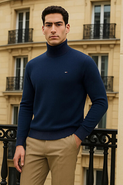 comstar Men's Trend Winter Half-High Collar Navy Blue Knit Sweater