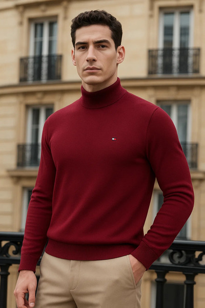 comstar Men's Trend Winter Half-High Collar Burgundy Knitwear Sweater