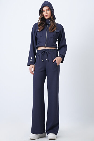 Trend Alaçatı Stili Women's Navy Blue Hooded Double Pocket Jacket and Elastic Waist Trousers Set Vs01710