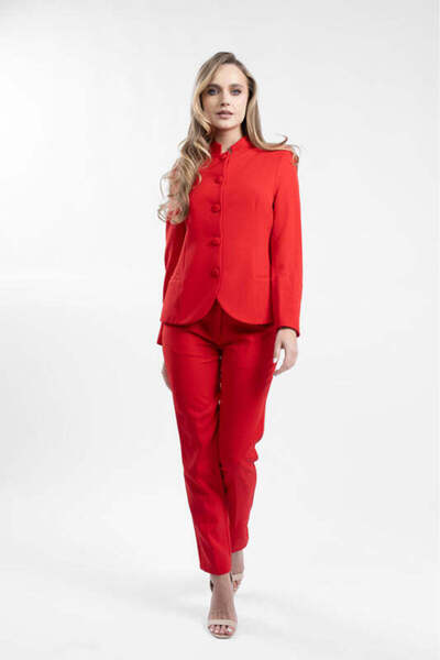 monarh Red suit with fitted jacket and tunic collar