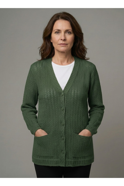 FATELLA Cardigan tricotat verde Mother pentru femei, cu decolteu în V, cu buz...