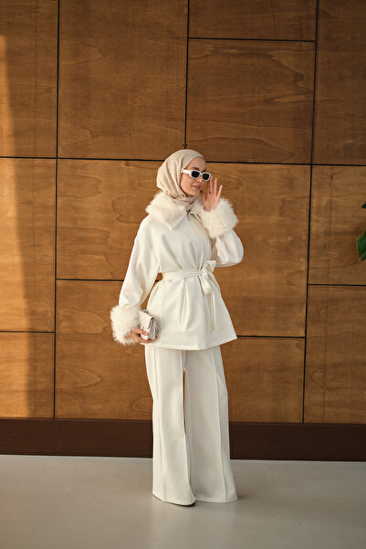 LOCCO Women's Suit with Fur Detail on Sleeves and Collar, White