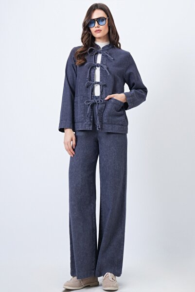 Trend Alaçatı Stili Women's Dark Blue Textured Lacing Detail Jacket and Wide Leg Pants Set Vs01688