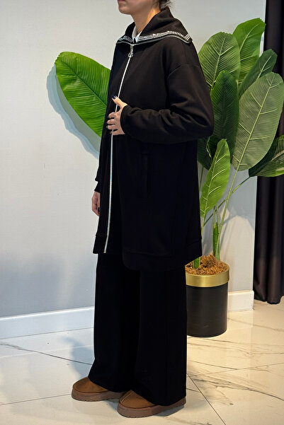 Lale Butik Sequin Detail Front Zipper Tunic Trousers Set 2120 Black