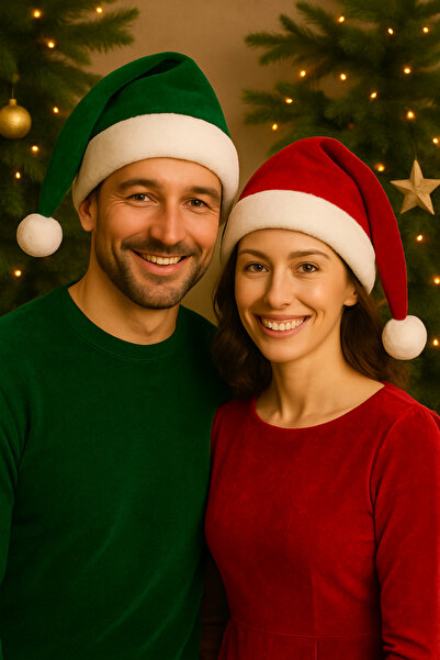 MadyaButik Special Set of 2 Velvet Men's Green Women's Red Christmas Hats for Couples – Adult Santa Set