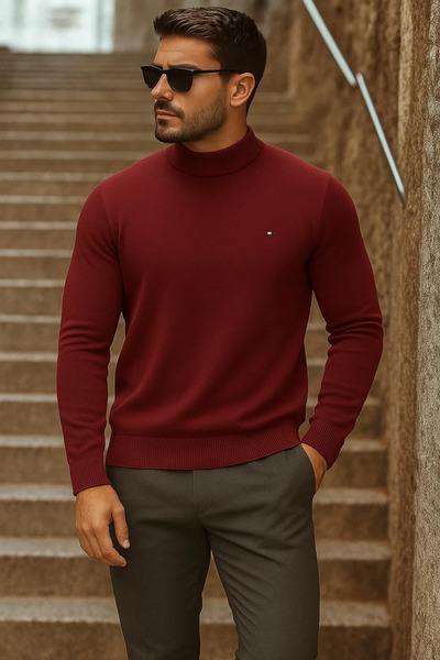 comstar Men's Half-Thigh Premium Burgundy Knitwear Sweater